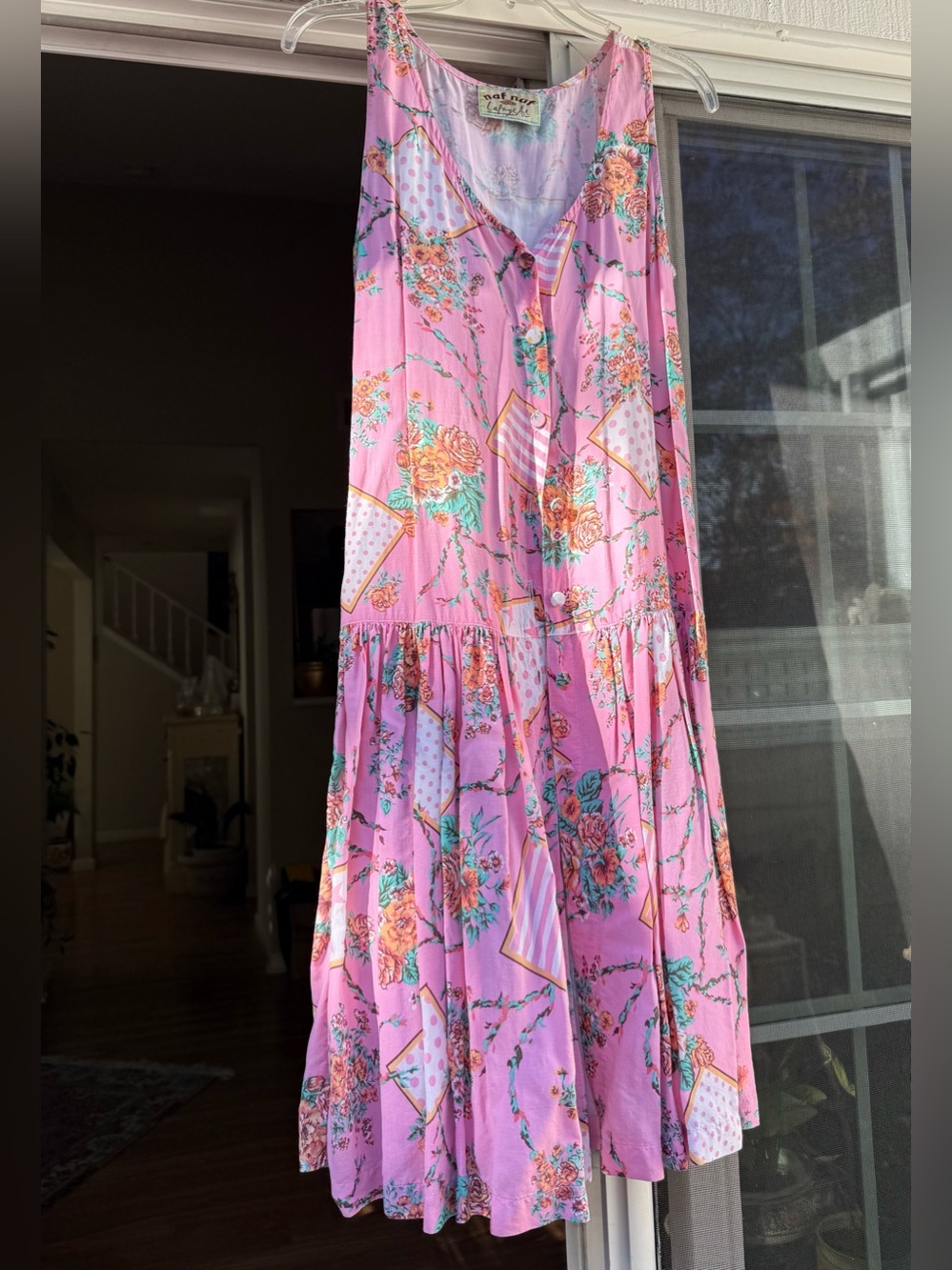 NAF NAF Pink Floral & Teal Print Tiered Dress, M, cotton blend